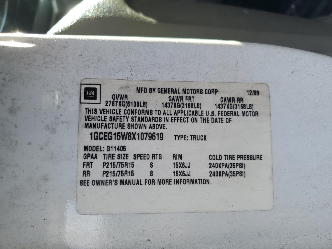 1999 Chevrolet Express G1500 VIN: 1GCEG15W8X1079619 Lot: 67571074