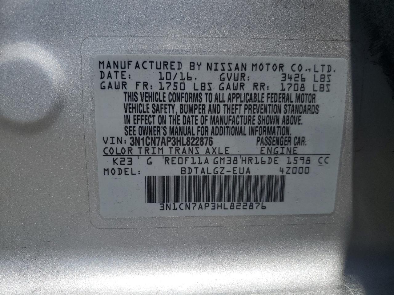 3N1CN7AP3HL822876 2017 Nissan Versa S