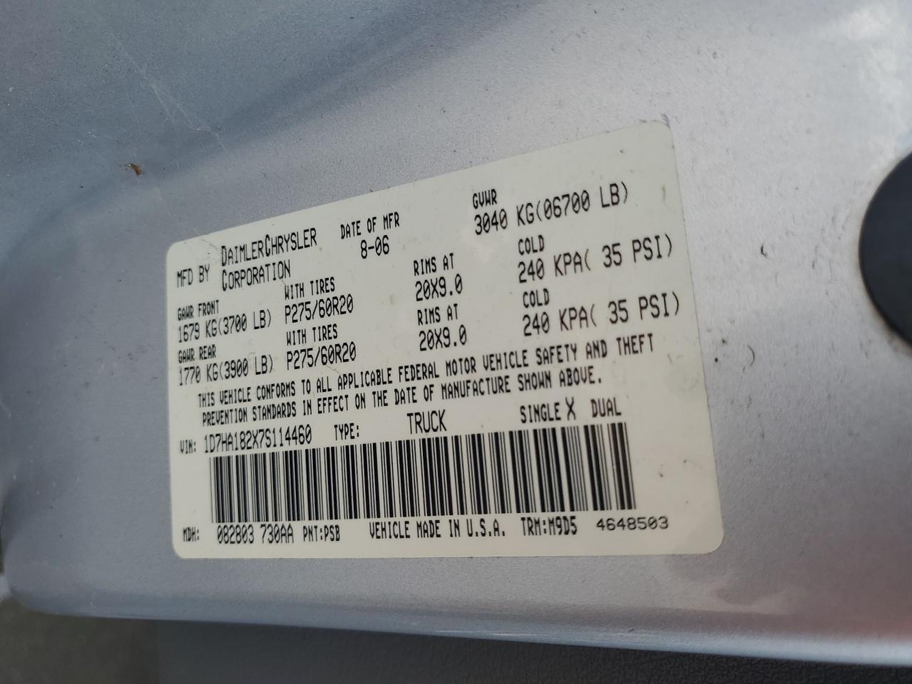 2007 Dodge Ram 1500 St VIN: 1D7HA182X7S114460 Lot: 67017564