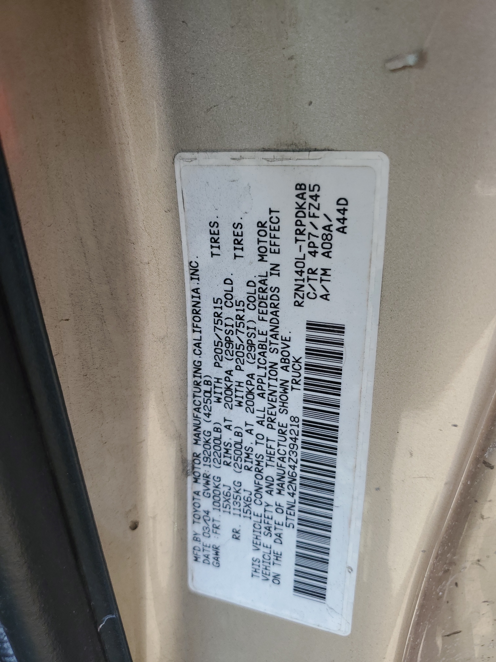5TENL42N64Z394218 2004 Toyota Tacoma