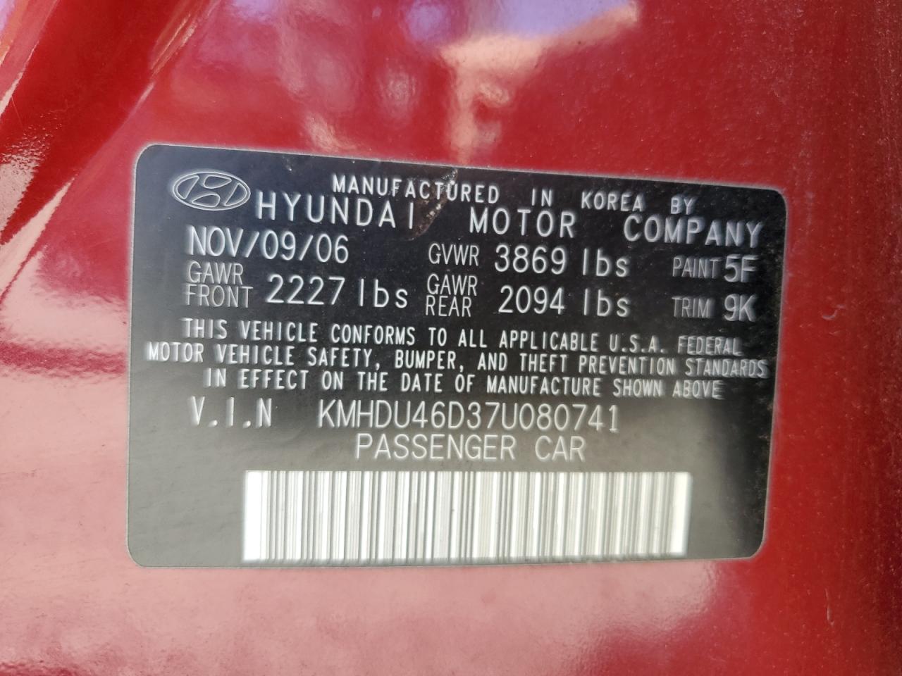 KMHDU46D37U080741 2007 Hyundai Elantra Gls