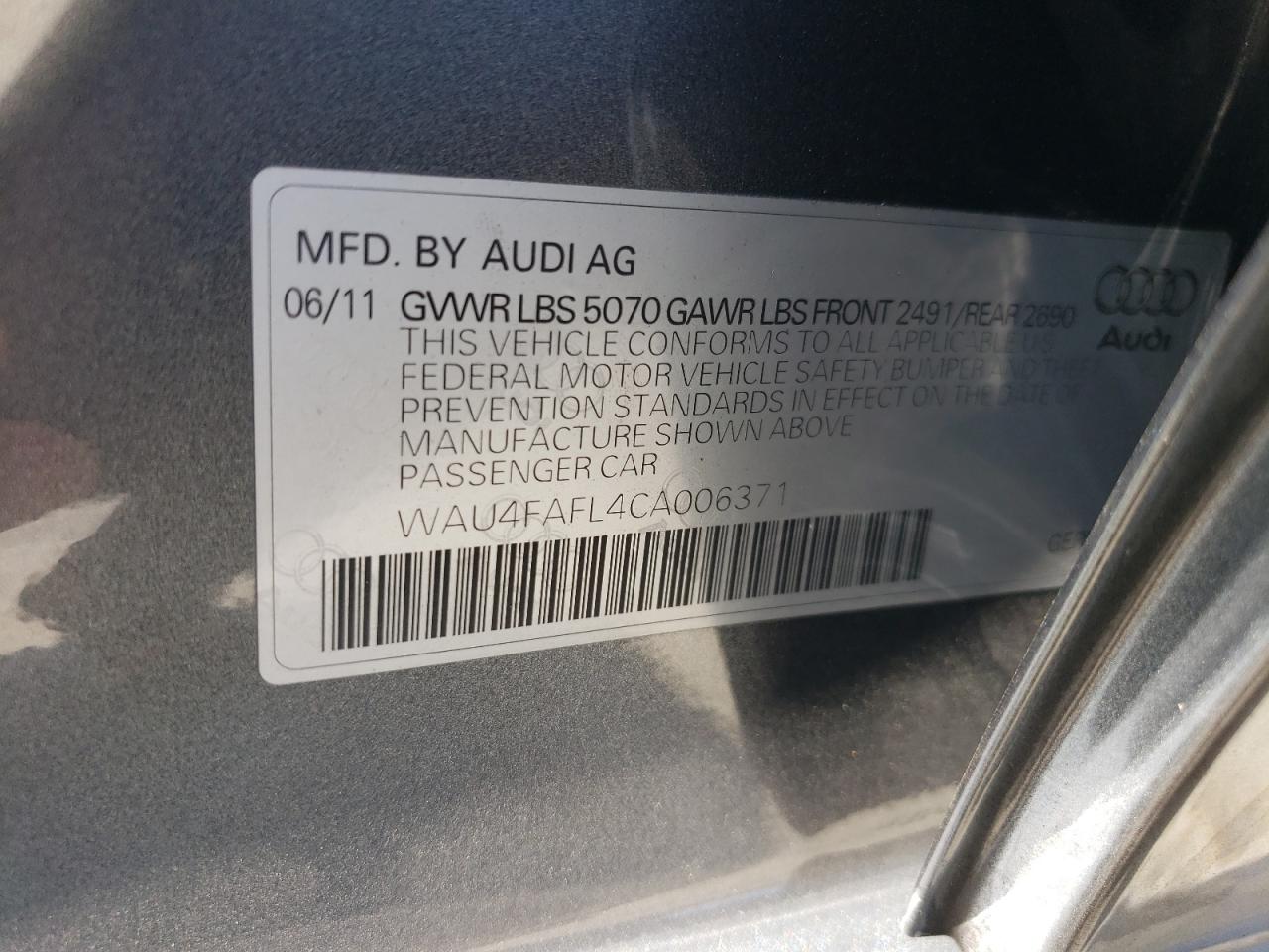 2012 Audi A4 Prestige VIN: WAU4FAFL4CA006371 Lot: 65966604