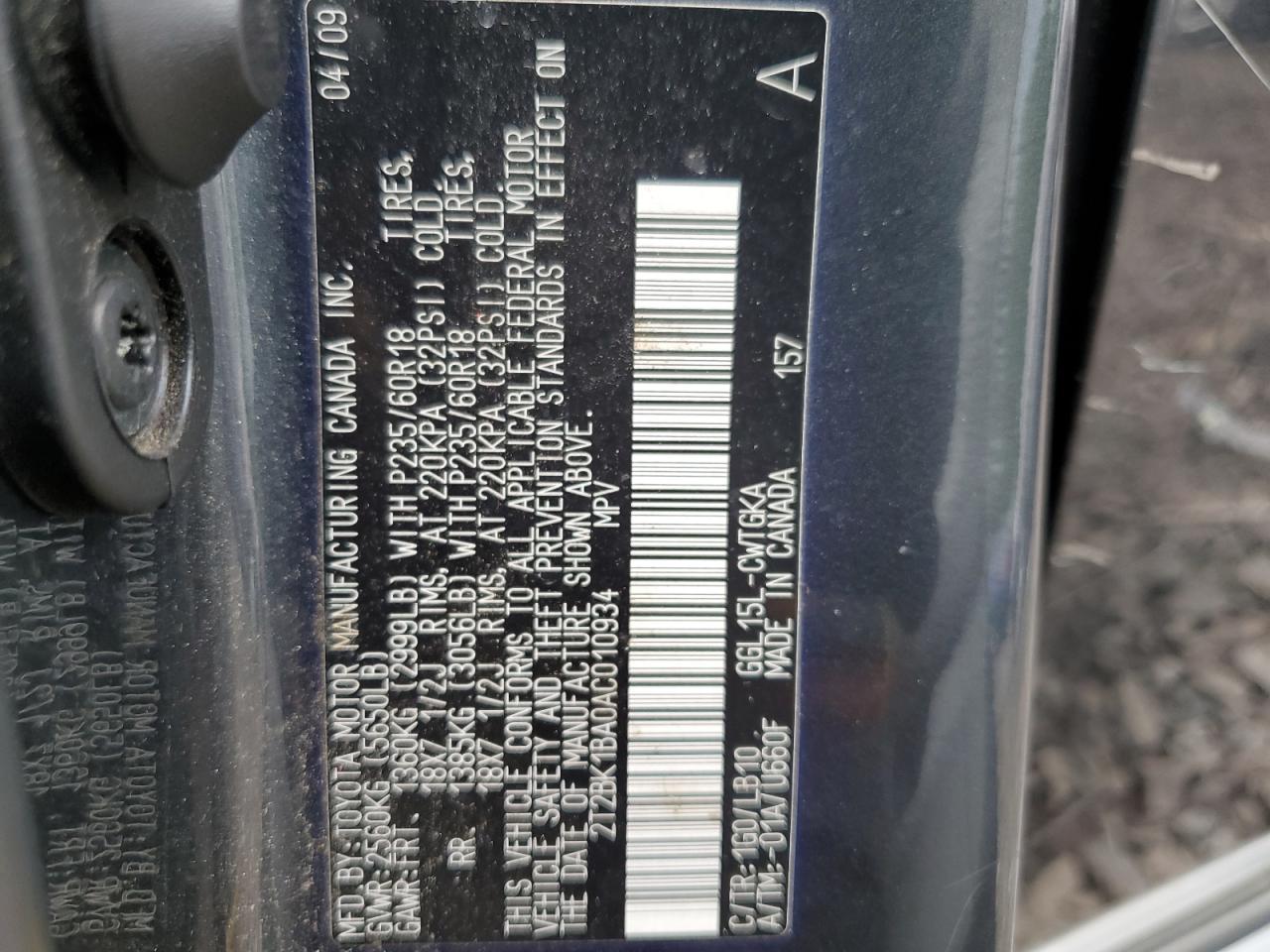 2010 Lexus Rx 350 VIN: 2T2BK1BA0AC010934 Lot: 67026854