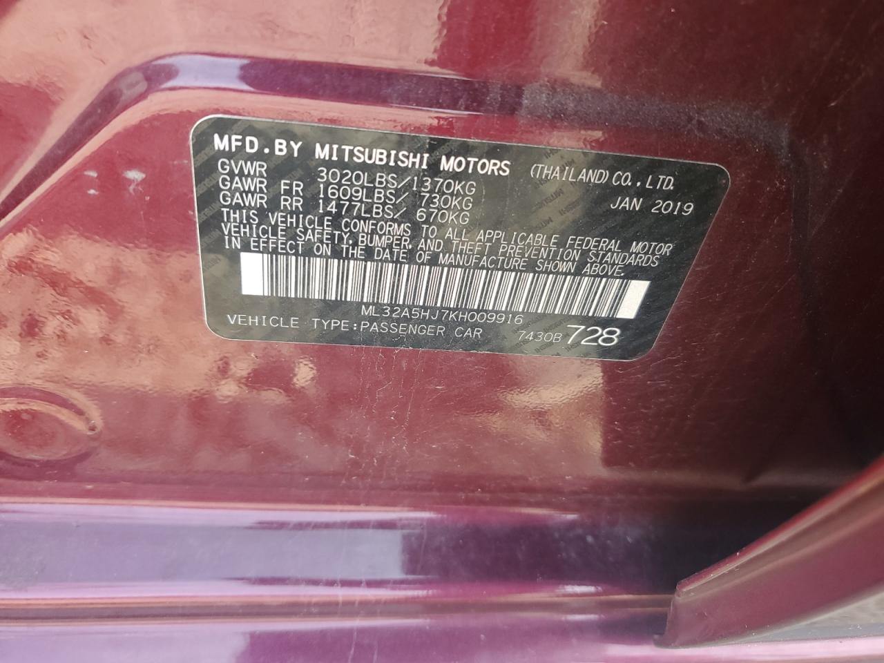 ML32A5HJ7KH009916 2019 Mitsubishi Mirage Le