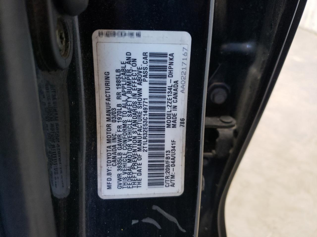 2003 Toyota Corolla Matrix Base VIN: 2T1LR32E53C149771 Lot: 65753874