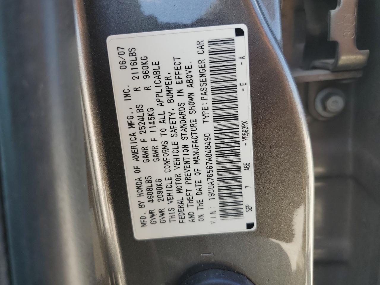 2007 Acura Tl Type S VIN: 19UUA76567A048490 Lot: 66574104