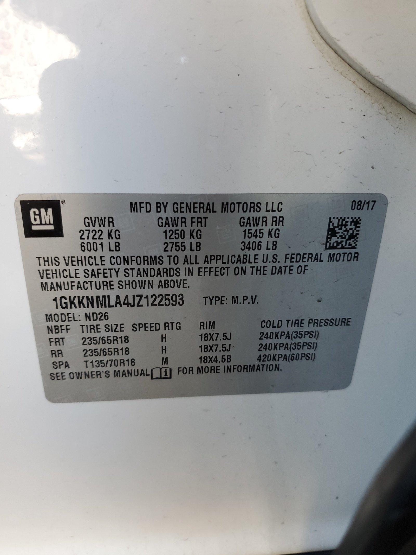 1GKKNMLA4JZ122593 2018 GMC Acadia Slt-1
