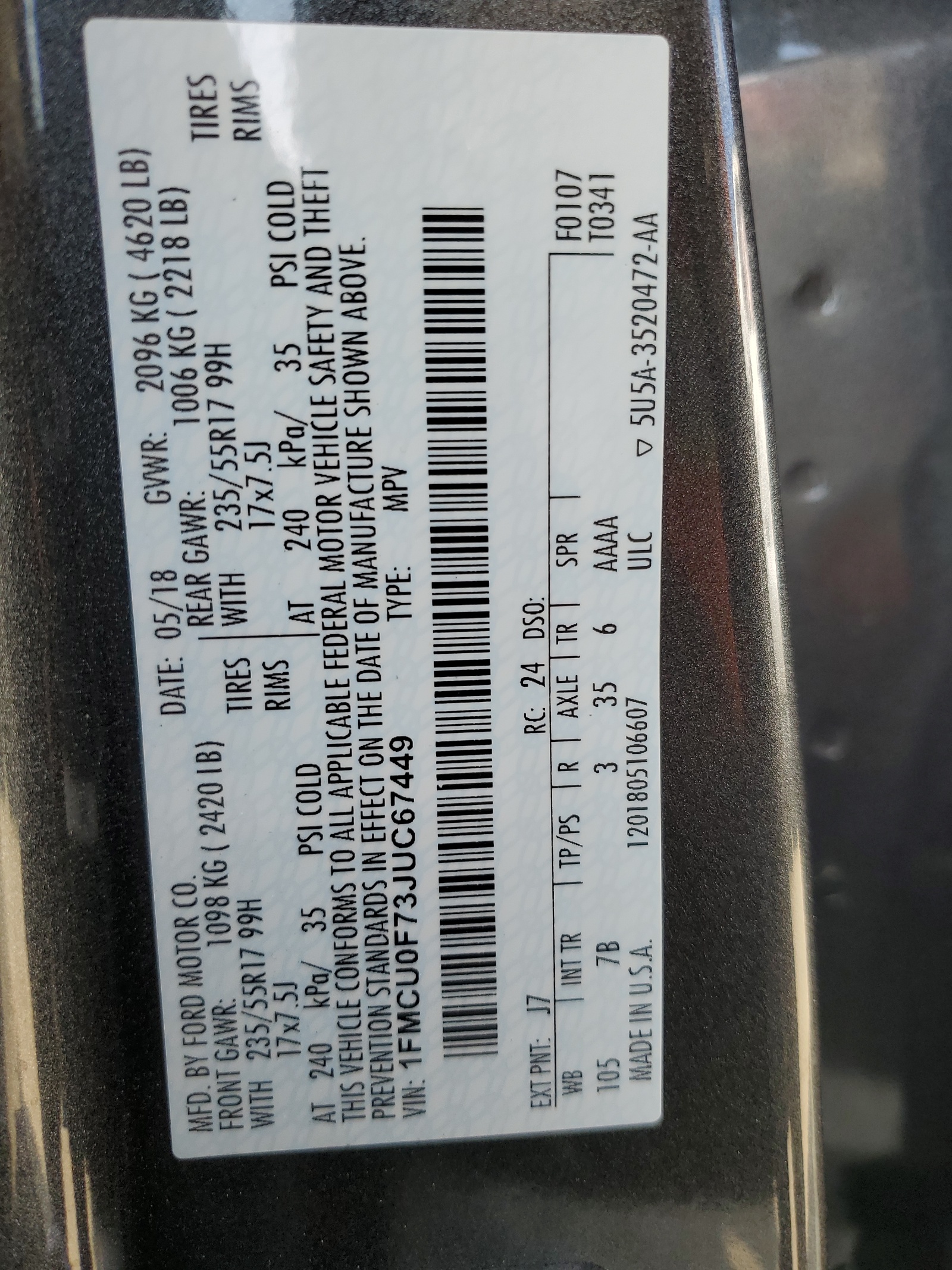 1FMCU0F73JUC67449 2018 Ford Escape S