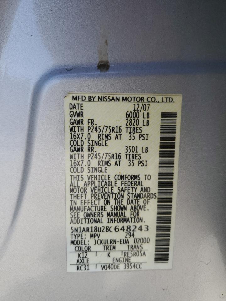 5N1AR18U28C648243 2008 Nissan Pathfinder S