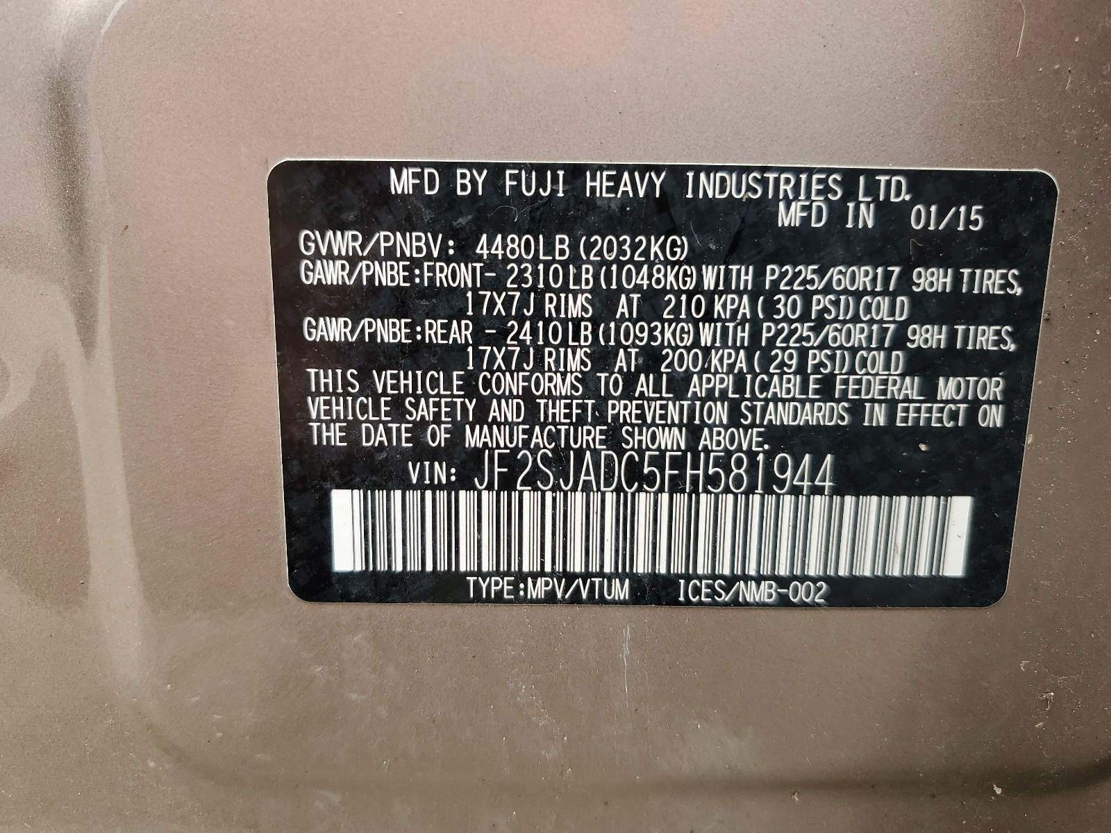 JF2SJADC5FH581944 2015 Subaru Forester 2.5I Premium