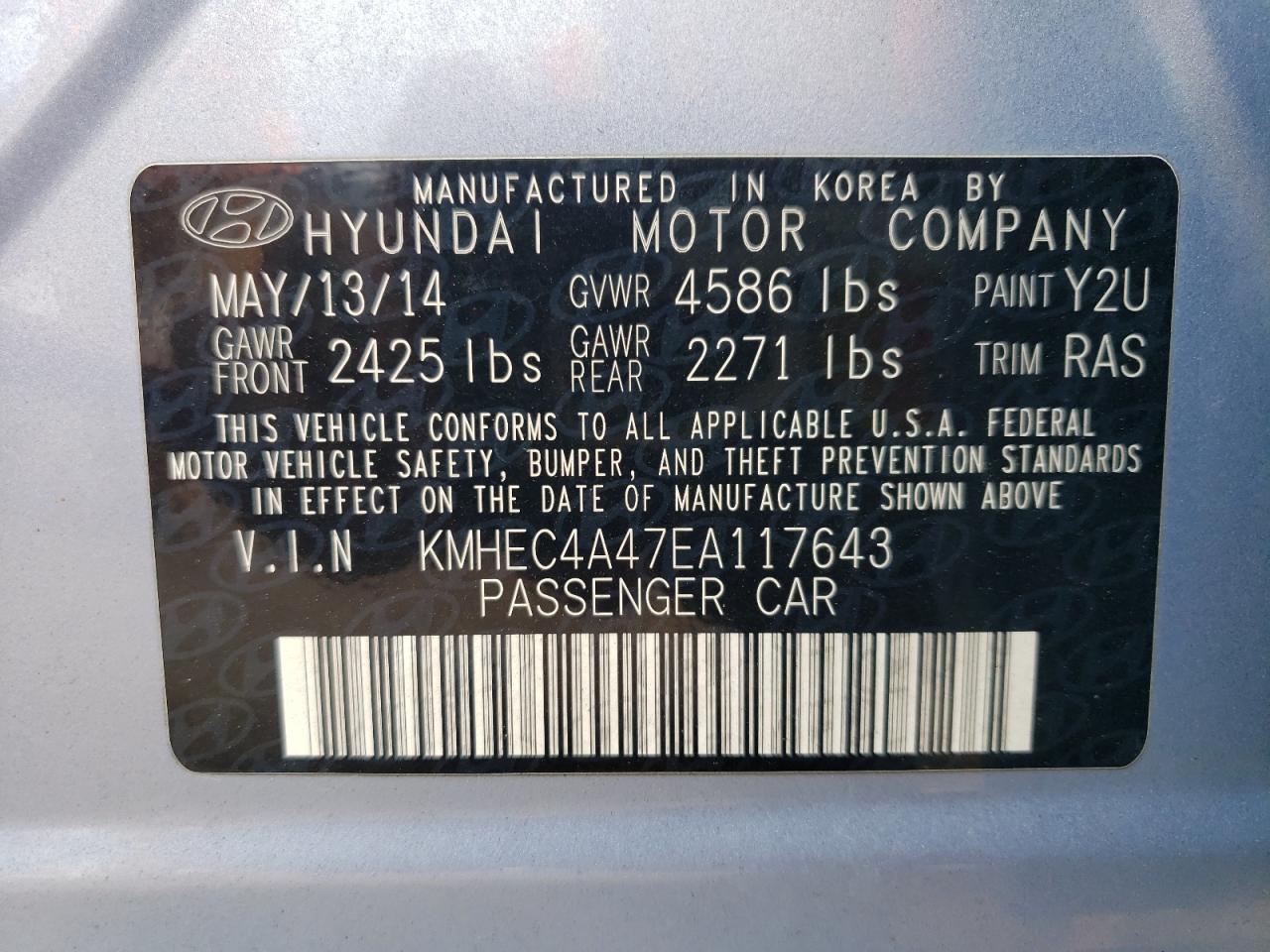 KMHEC4A47EA117643 2014 Hyundai Sonata Hybrid