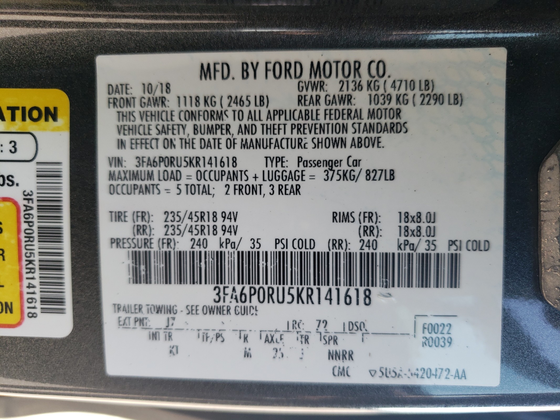 3FA6P0RU5KR141618 2019 Ford Fusion Titanium