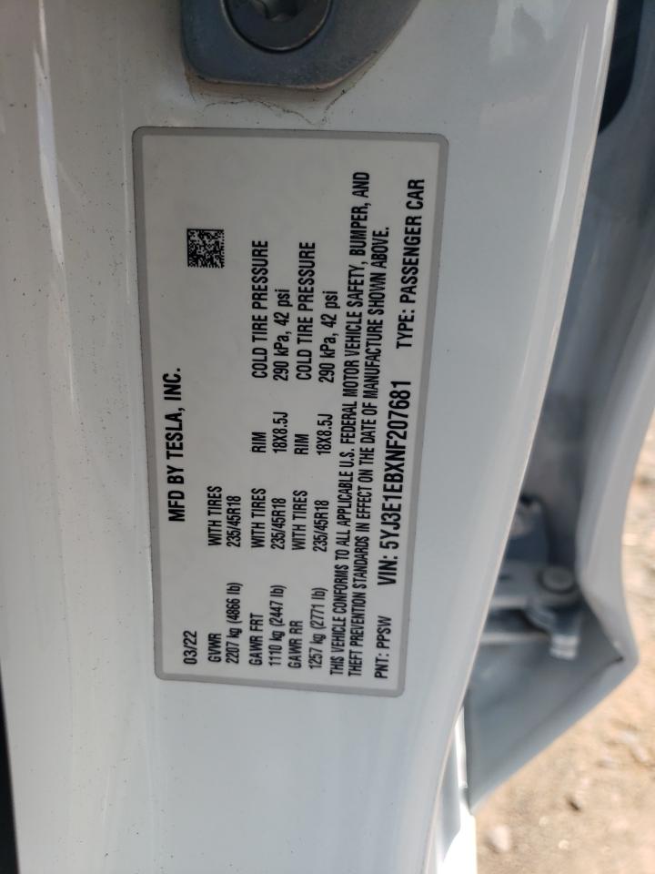 5YJ3E1EBXNF207681 2022 Tesla Model 3