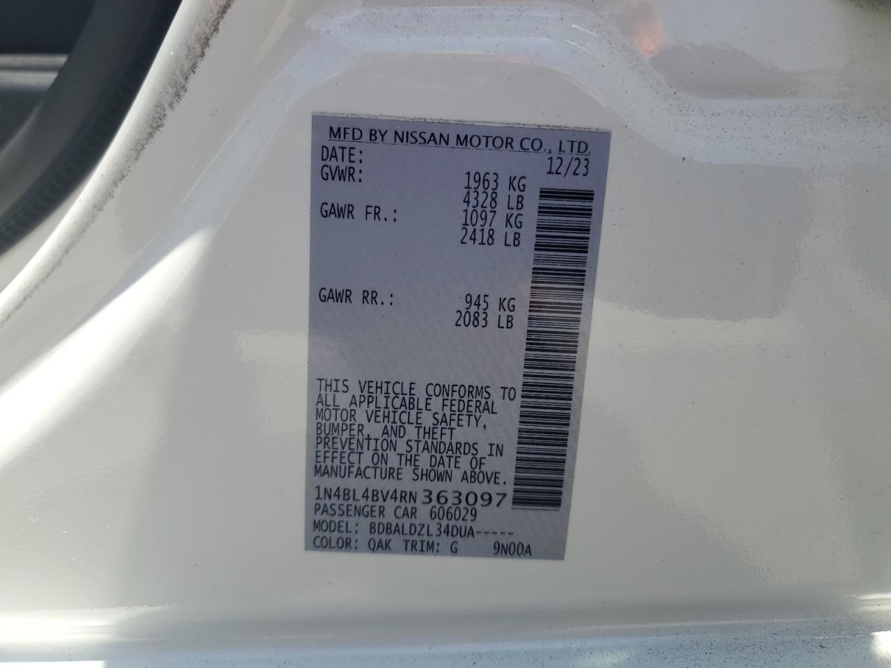 2024 Nissan Altima S VIN: 1N4BL4BV4RN363097 Lot: 65979744