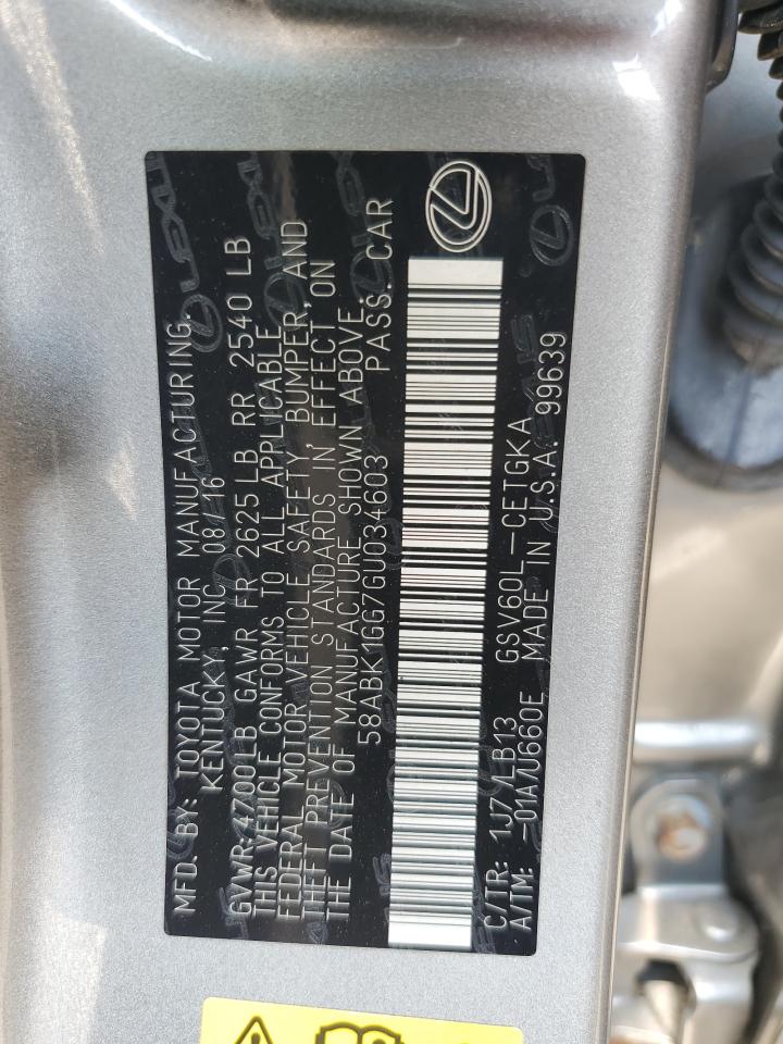 2016 Lexus Es 350 VIN: 58ABK1GG7GU034603 Lot: 65728694