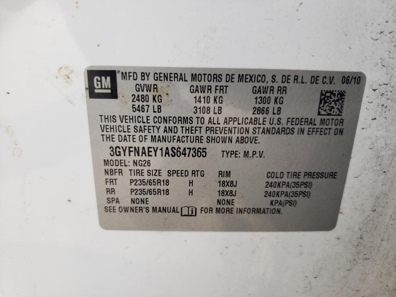 2010 Cadillac Srx Luxury Collection VIN: 3GYFNAEY1AS647365 Lot: 66962594