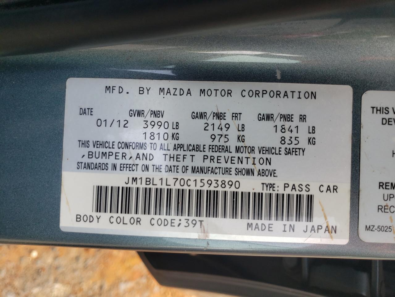 2012 Mazda 3 I VIN: JM1BL1L70C1593890 Lot: 62748664