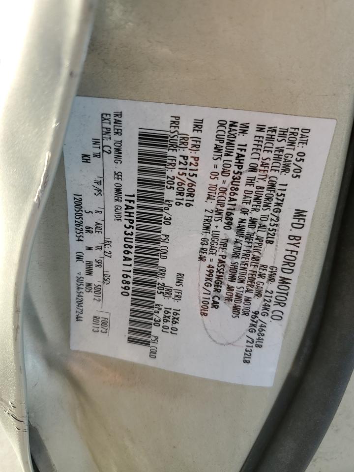 2006 Ford Taurus Se VIN: 1FAHP53U86A116890 Lot: 67480414