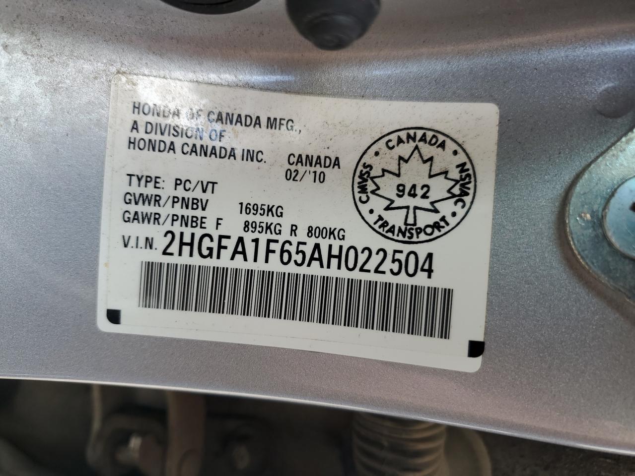 2HGFA1F65AH022504 2010 Honda Civic Lx-S