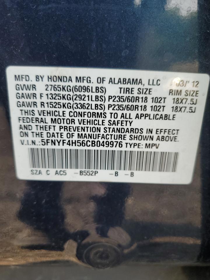 2012 Honda Pilot Exl VIN: 5FNYF4H56CB049976 Lot: 64799564