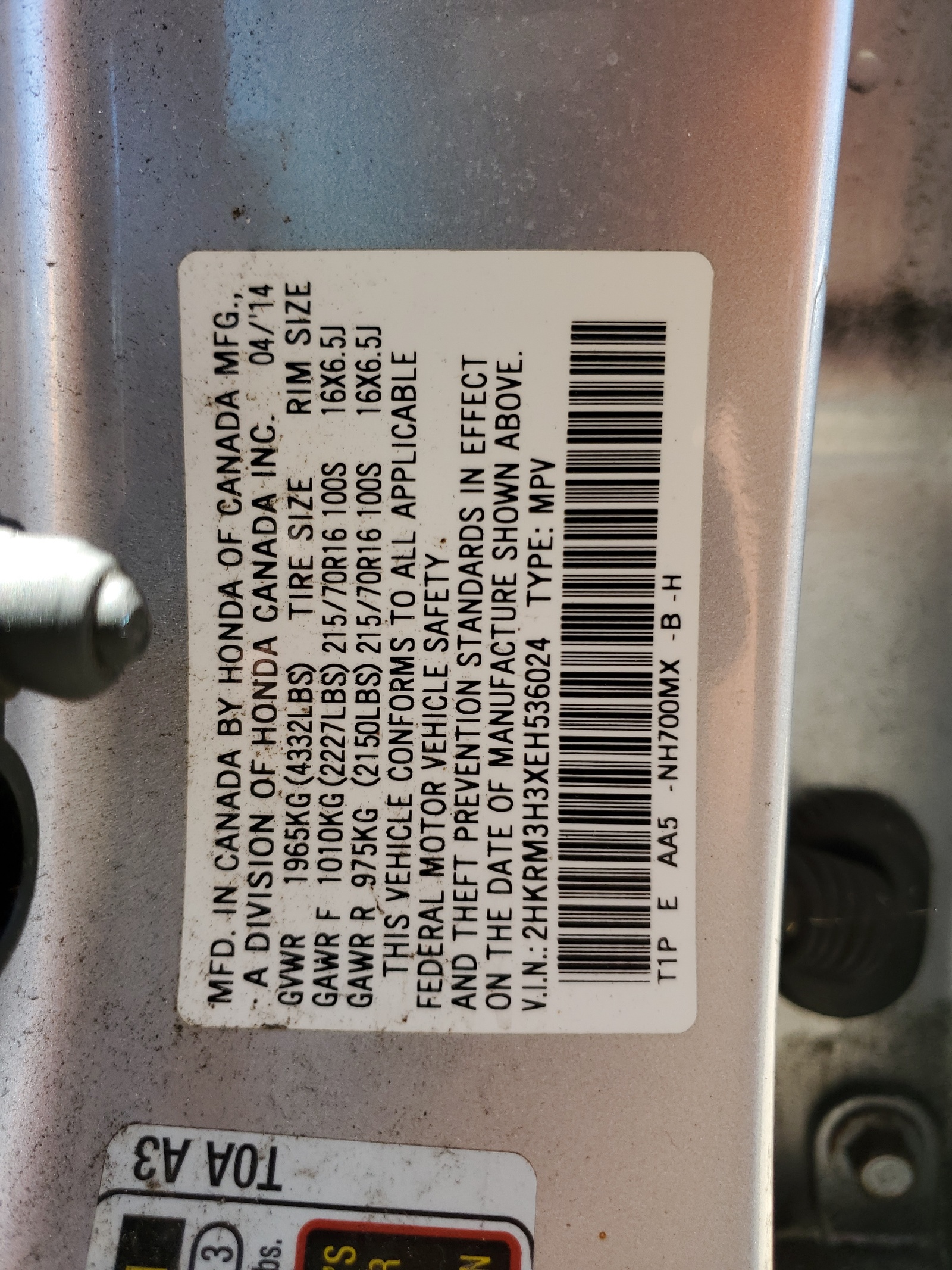 2HKRM3H3XEH536024 2014 Honda Cr-V Lx