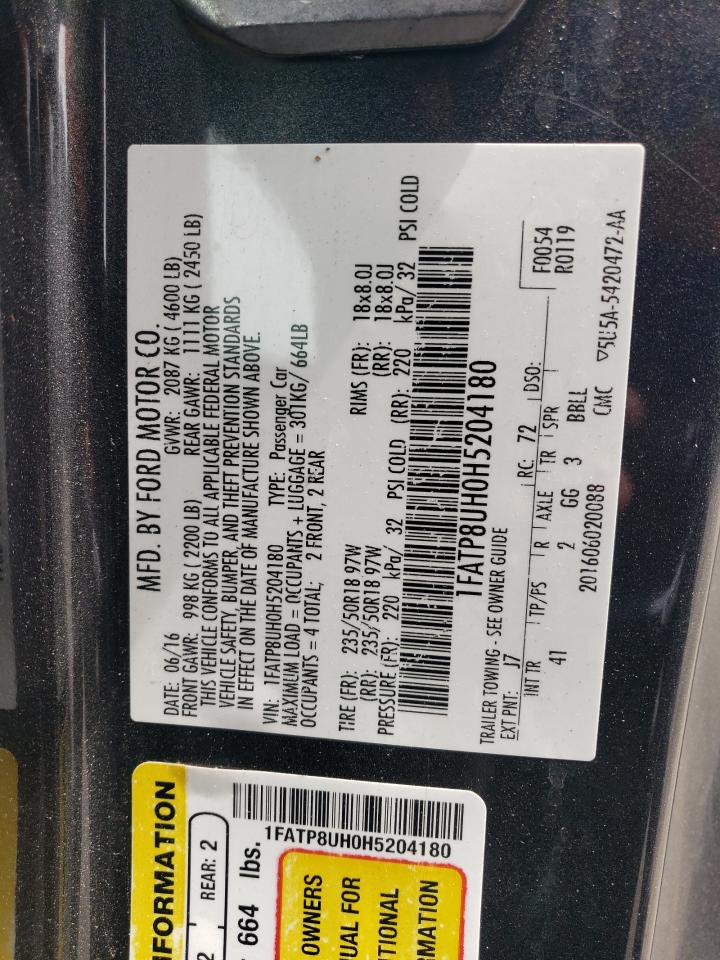 2017 Ford Mustang VIN: 1FATP8UH0H5204180 Lot: 68382284