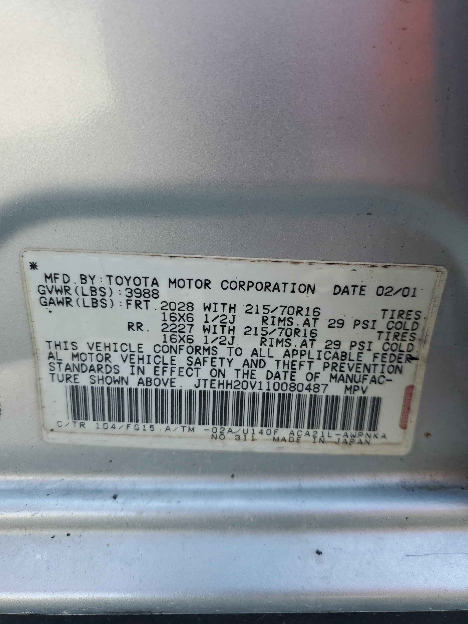 JTEHH20V110080487 2001 Toyota Rav4