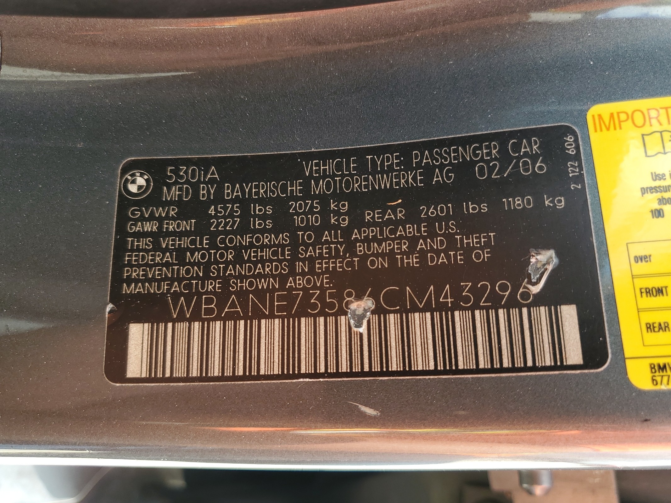 WBANE73586CM43296 2006 BMW 530 I