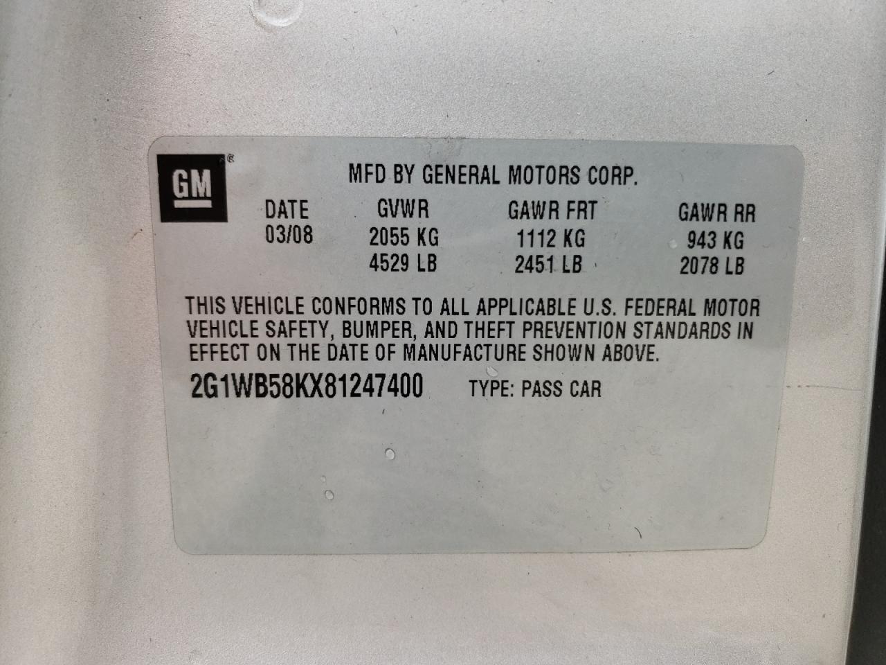 2008 Chevrolet Impala Ls VIN: 2G1WB58KX81247400 Lot: 67916264