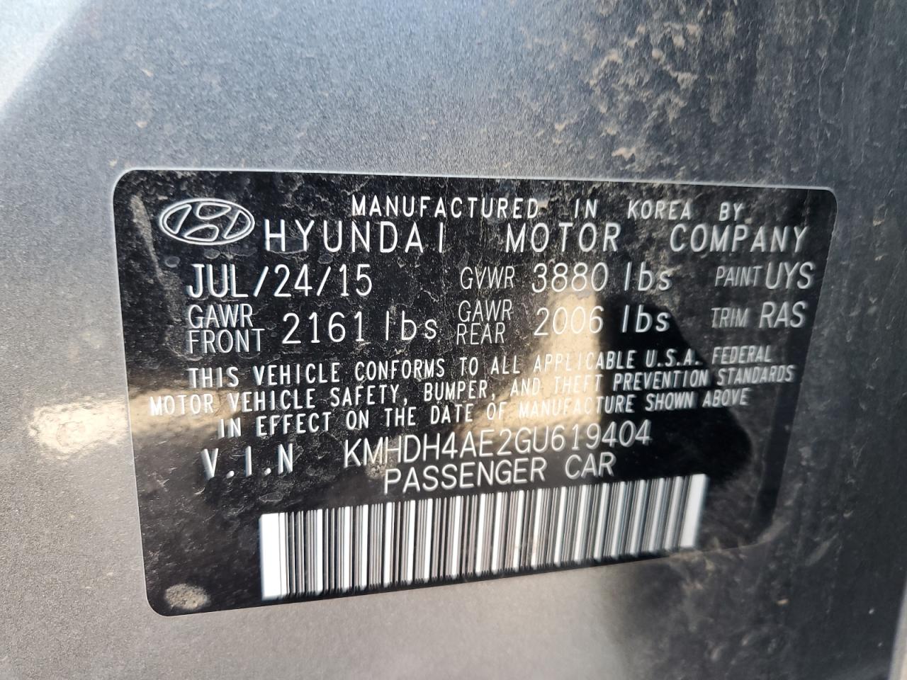 2016 Hyundai Elantra Se VIN: KMHDH4AE2GU619404 Lot: 65741224