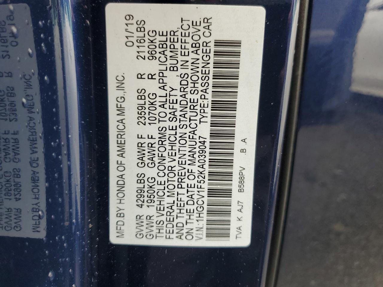 2019 Honda Accord Exl VIN: 1HGCV1F52KA039047 Lot: 65164794