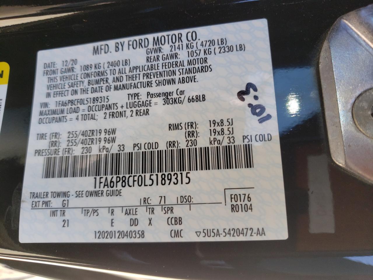 2020 Ford Mustang Gt VIN: 1FA6P8CF0L5189315 Lot: 68116654