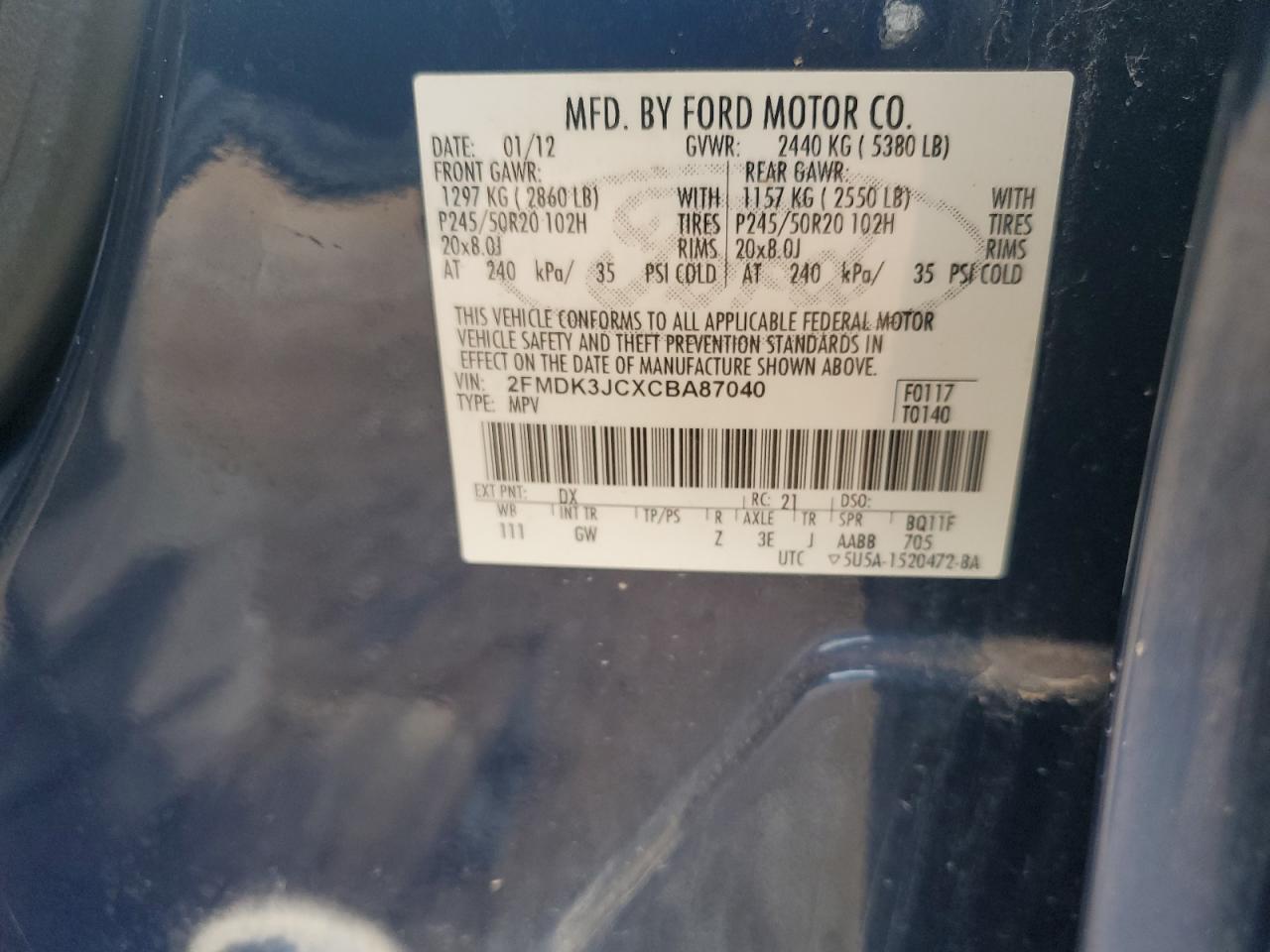 2FMDK3JCXCBA87040 2012 Ford Edge Sel