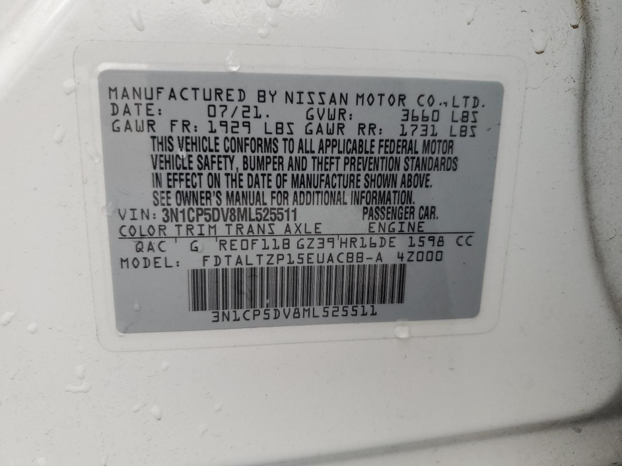 2021 Nissan Kicks Sr VIN: 3N1CP5DV8ML525511 Lot: 66987264