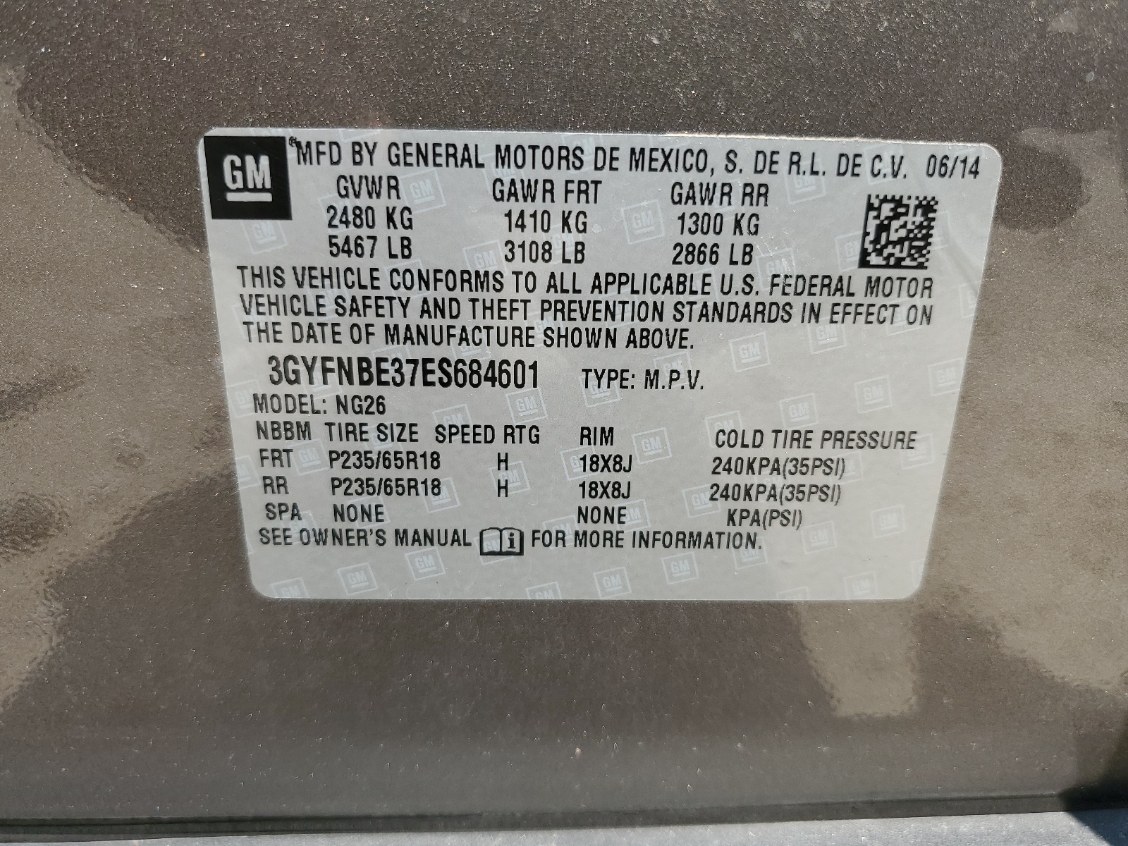 3GYFNBE37ES684601 2014 Cadillac Srx Luxury Collection