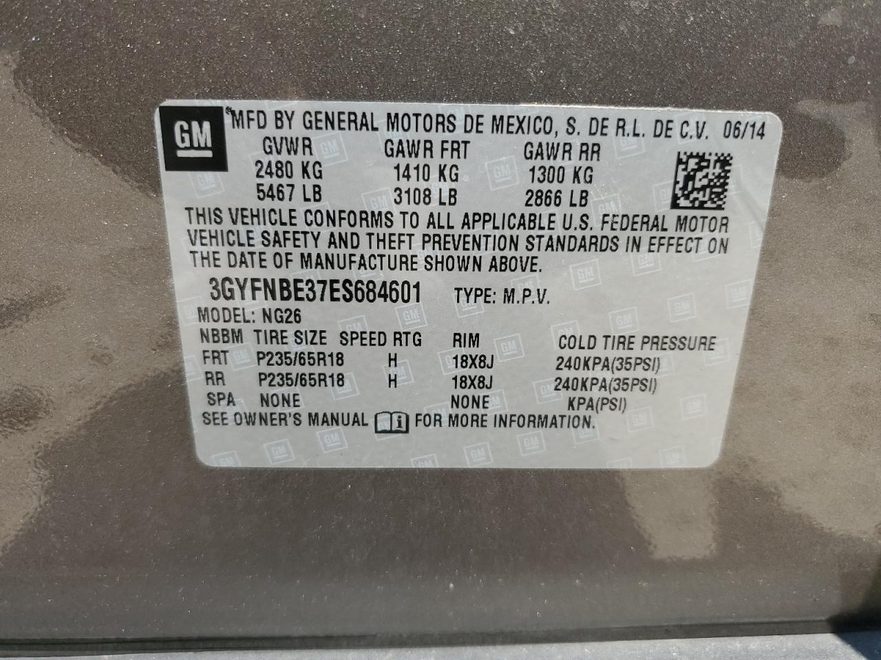 2014 Cadillac Srx Luxury Collection VIN: 3GYFNBE37ES684601 Lot: 67725744