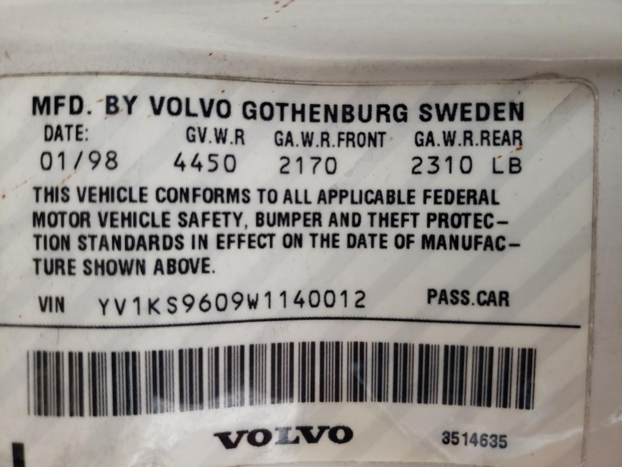 YV1KS9609W1140012 1998 Volvo S90