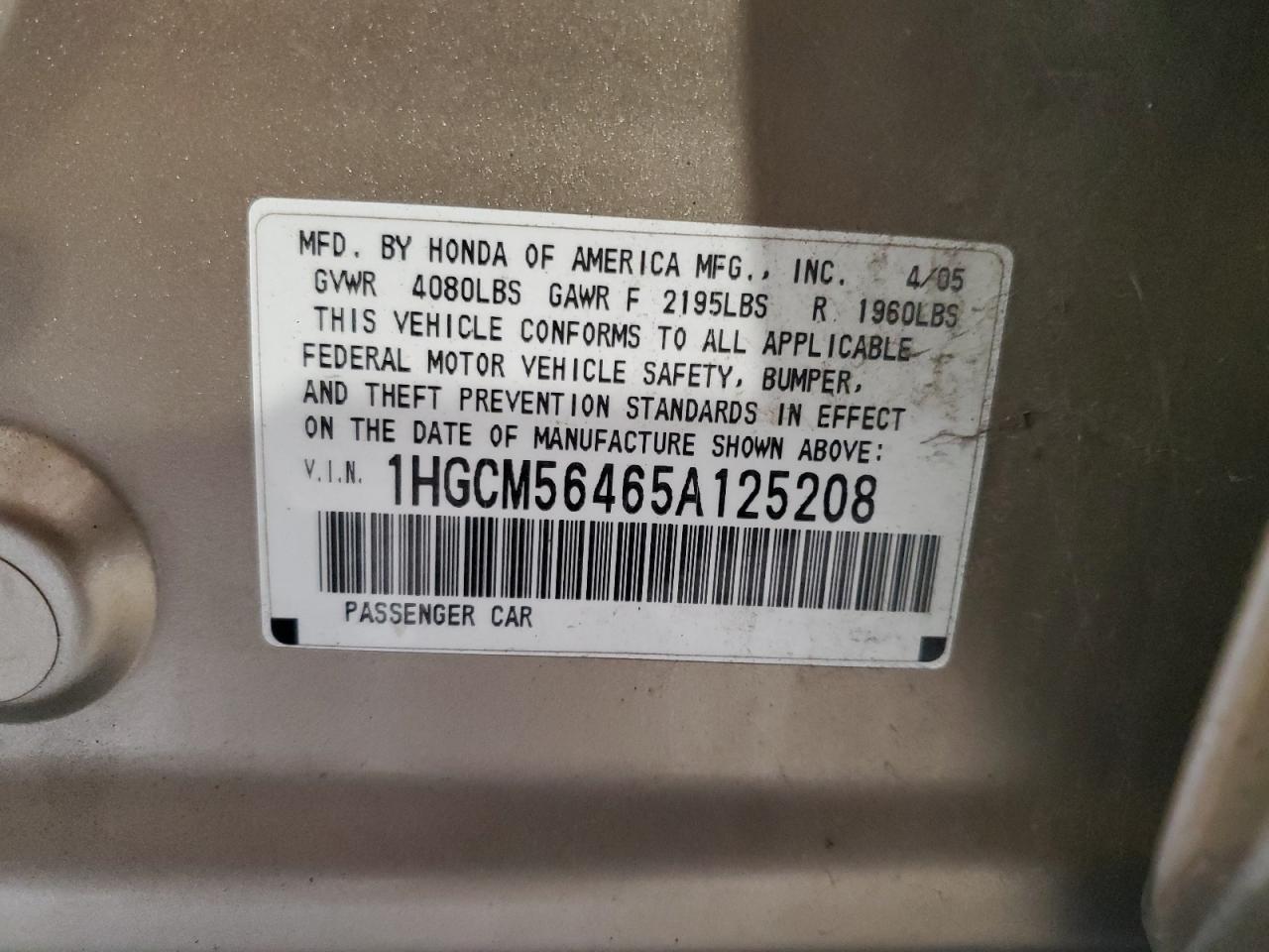 1HGCM56465A125208 2005 Honda Accord Lx