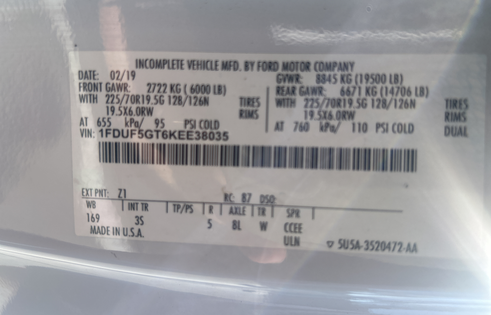 1FDUF5GT6KEE38035 2019 Ford F550 Super Duty