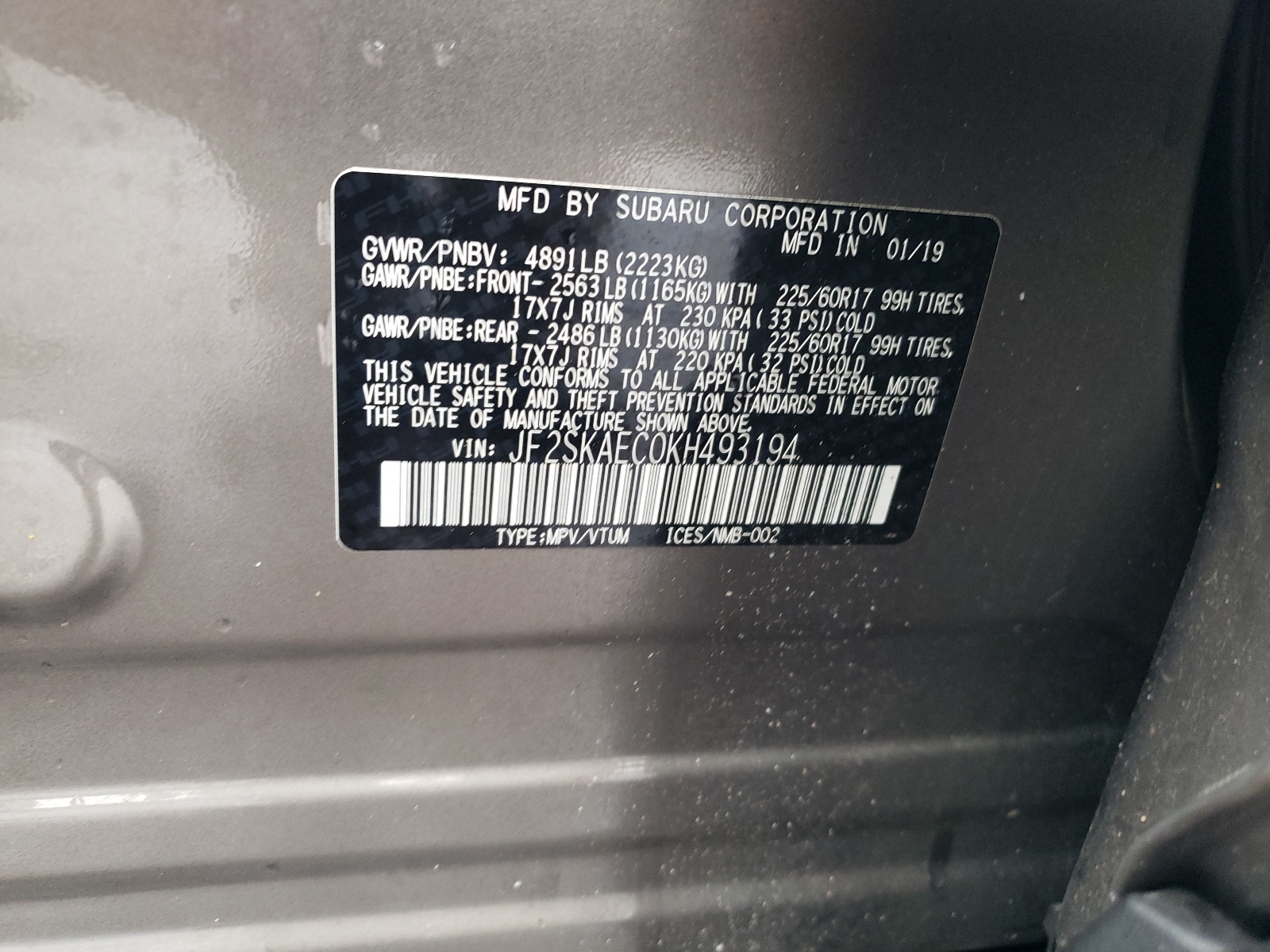 JF2SKAEC0KH493194 2019 Subaru Forester Premium