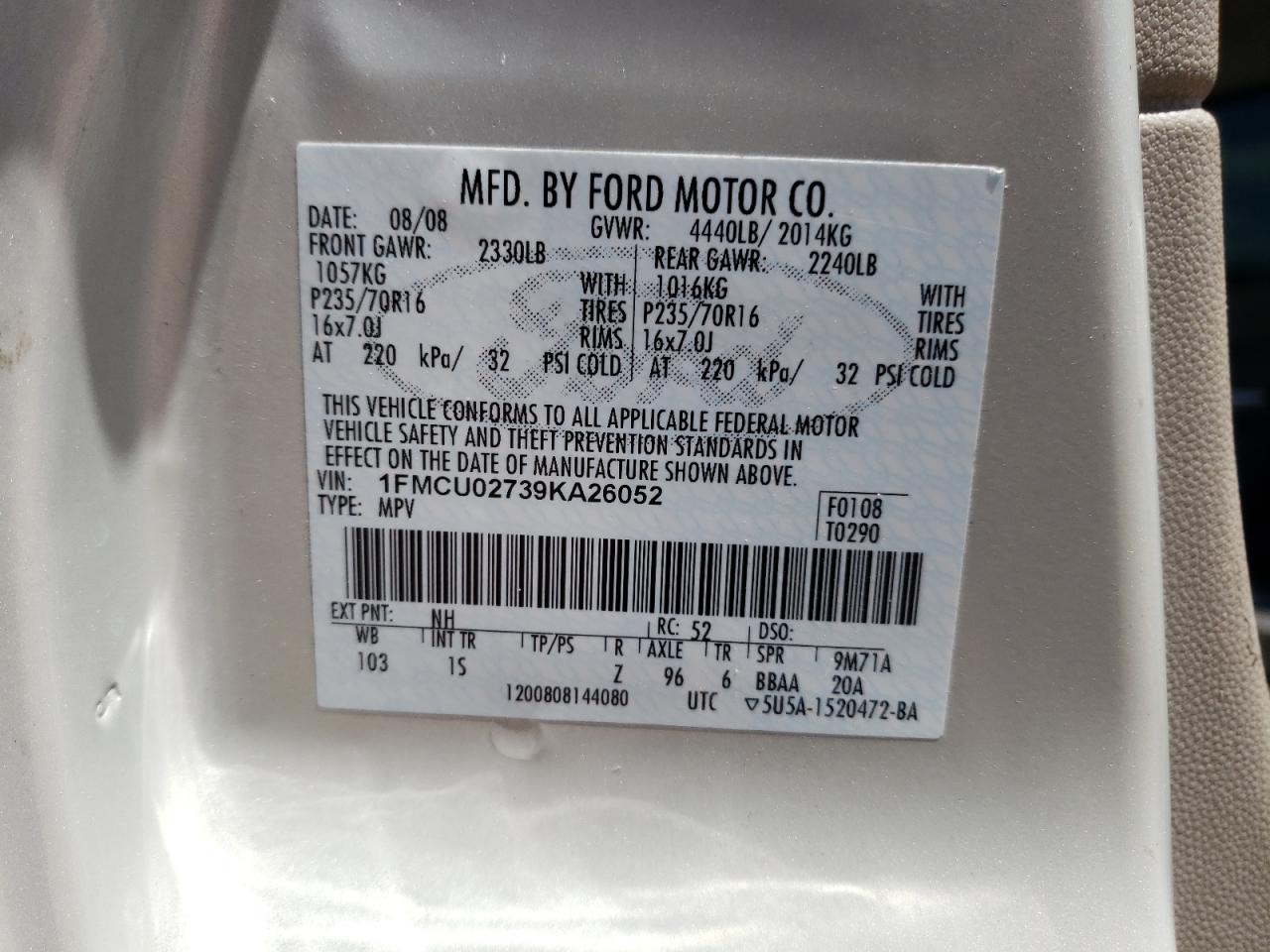 2009 Ford Escape Xls VIN: 1FMCU02739KA26052 Lot: 66992074