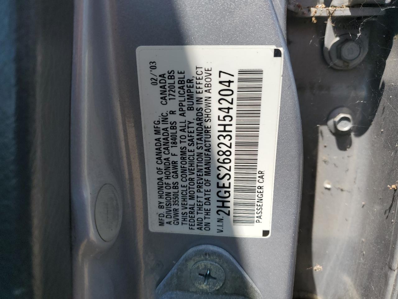 2003 Honda Civic Ex VIN: 2HGES26823H542047 Lot: 65992644