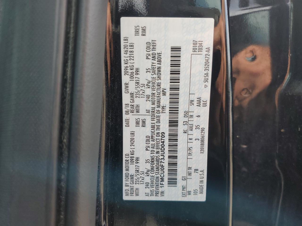 2018 Ford Escape S VIN: 1FMCU0F73JUD04709 Lot: 65822504