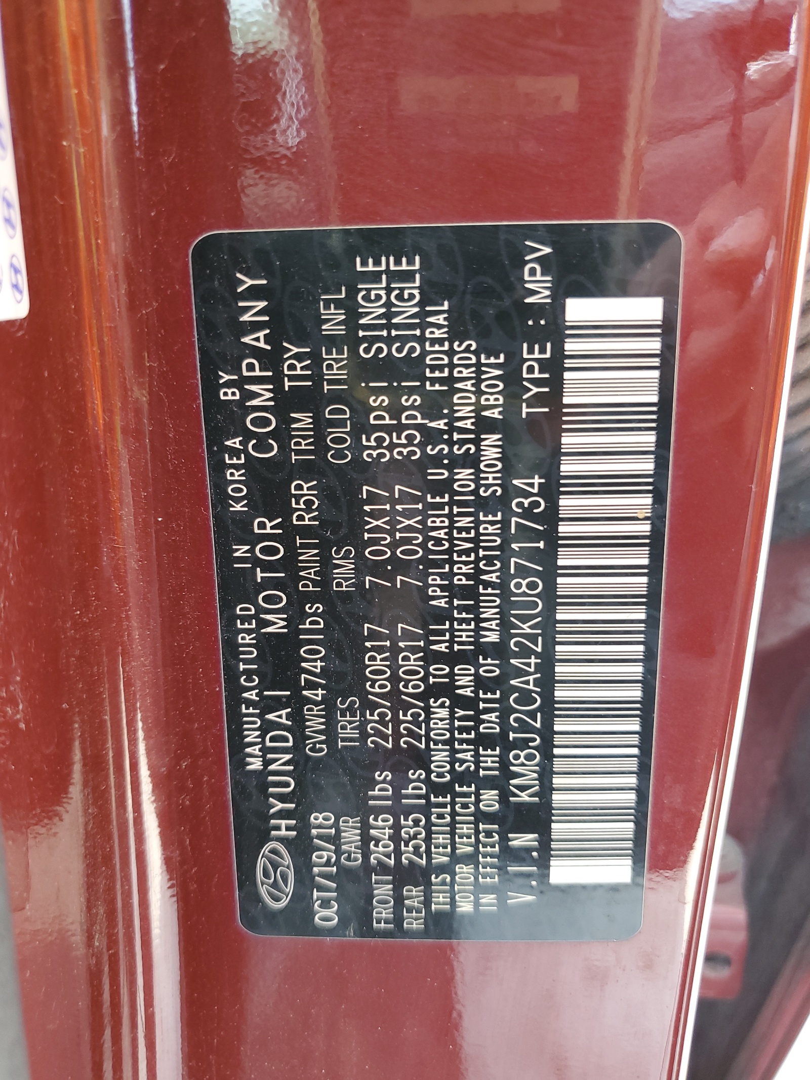 KM8J2CA42KU871734 2019 Hyundai Tucson Se