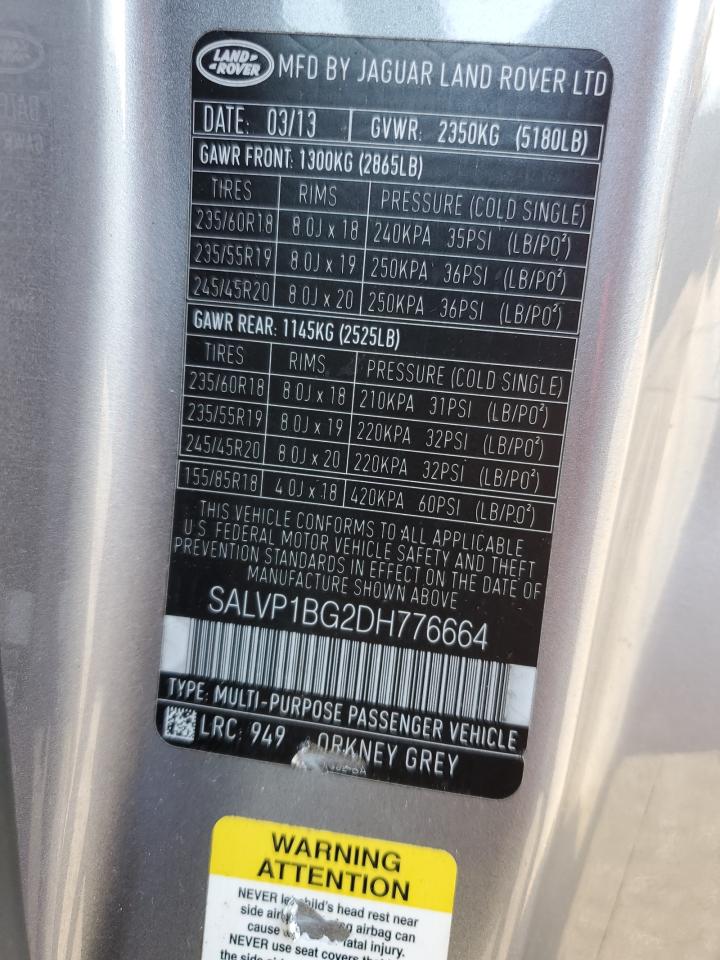 2013 Land Rover Range Rover Evoque Pure Plus VIN: SALVP1BG2DH776664 Lot: 66348104