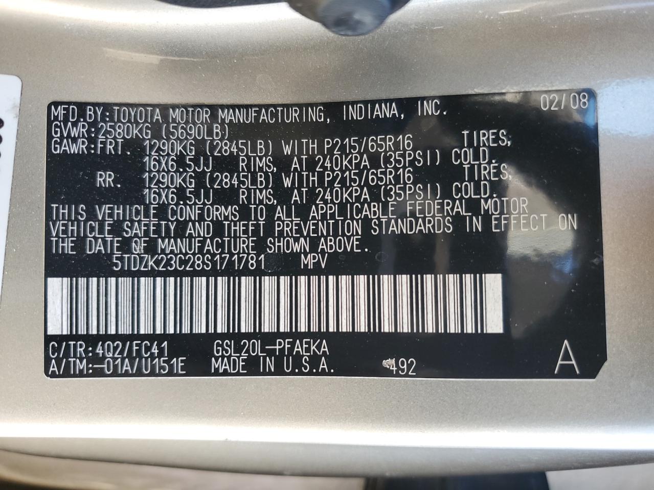 5TDZK23C28S171781 2008 Toyota Sienna Ce