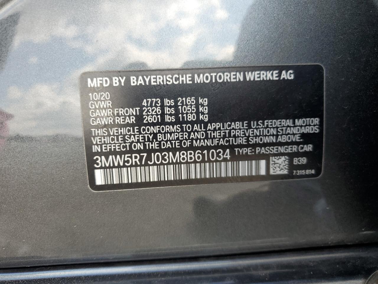 2021 BMW 330Xi VIN: 3MW5R7J03M8B61034 Lot: 68082944