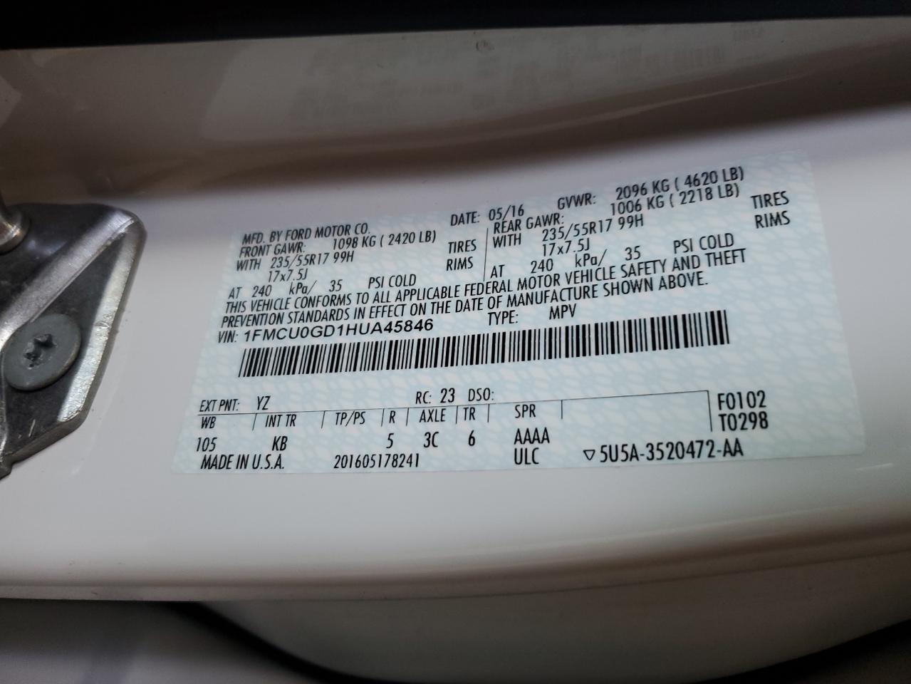 2017 Ford Escape Se VIN: 1FMCU0GD1HUA45846 Lot: 66780354