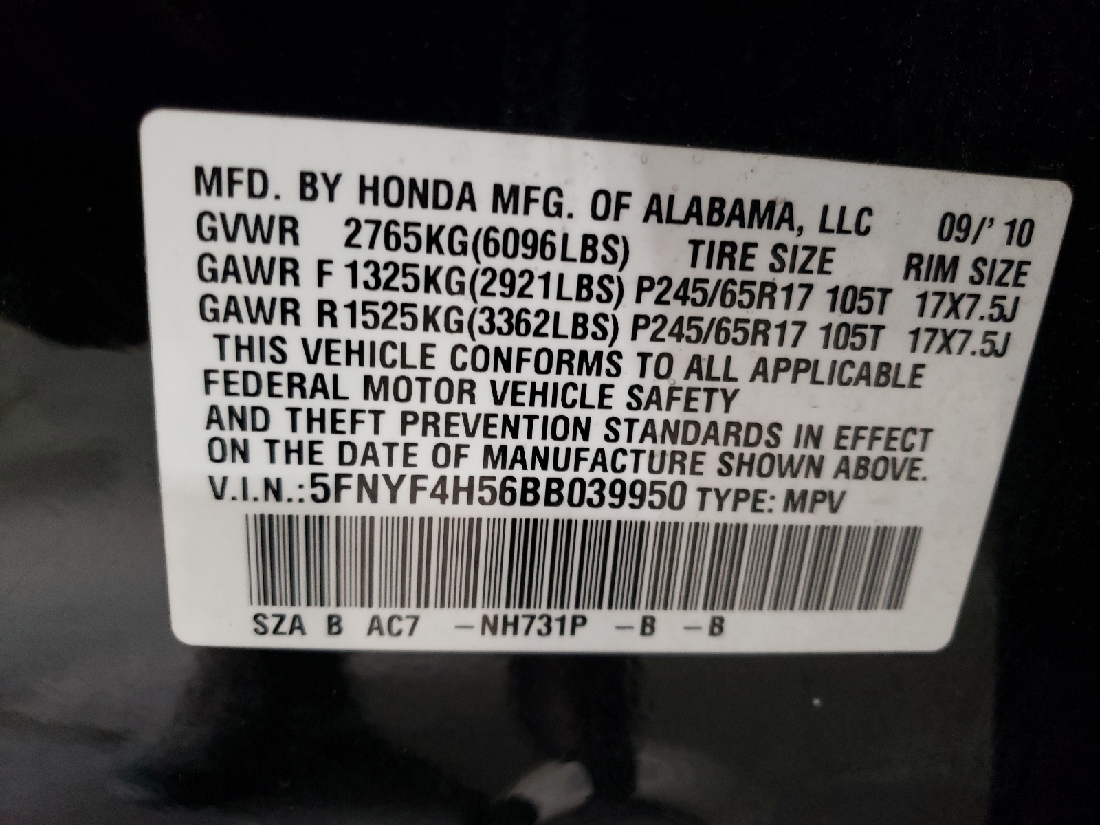 5FNYF4H56BB039950 2011 Honda Pilot Exl