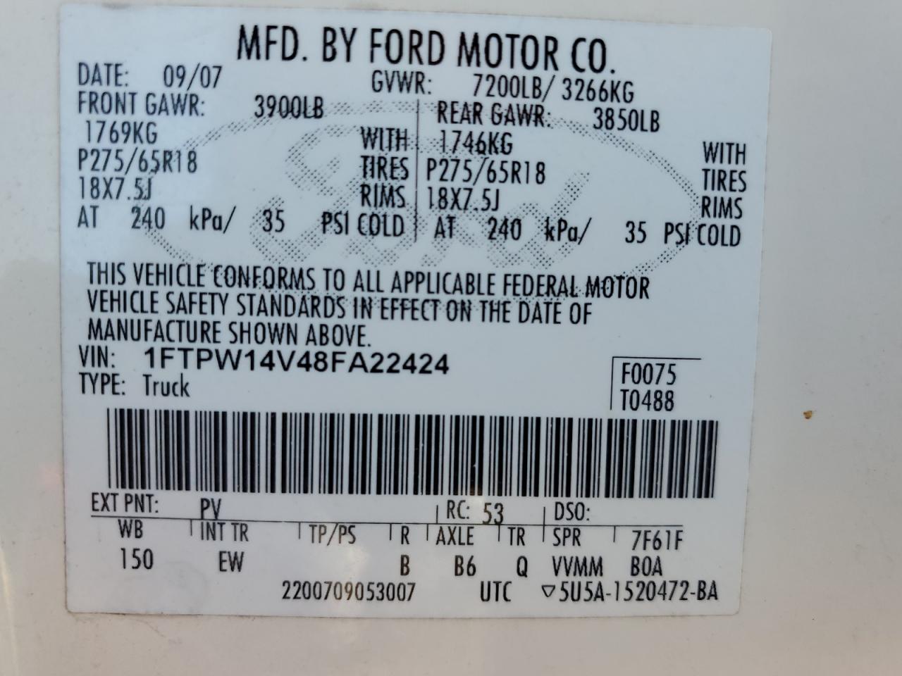 1FTPW14V48FA22424 2008 Ford F150 Supercrew